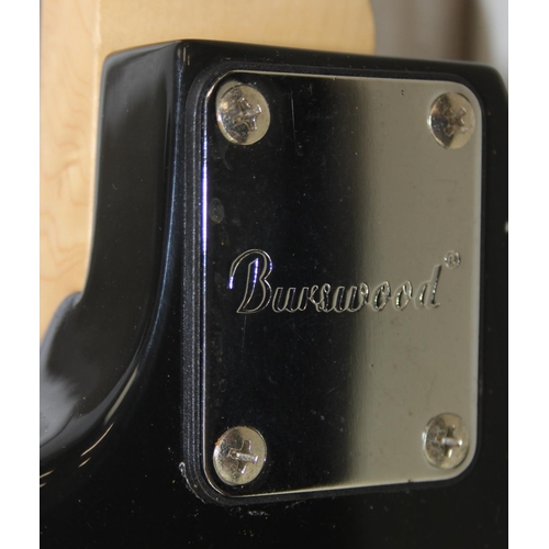 733 - A Burswood electric guitar with black body and soft shell case, 100cm long