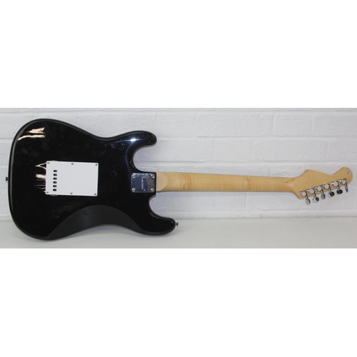 733 - A Burswood electric guitar with black body and soft shell case, 100cm long