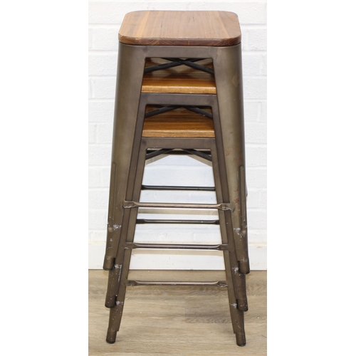 86 - A set of three industrial style metal frame stools with wooden tops, each 65cm tall [3]