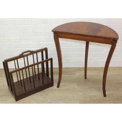 106 - A modern demi-lune side table of Regency design and a retro style hardwood magazine rack, the table ... 