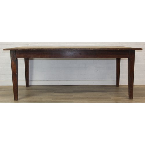 100 - A large antique plank topped farmhouse table with scrub top and painted base, believed to be Elm, 20... 