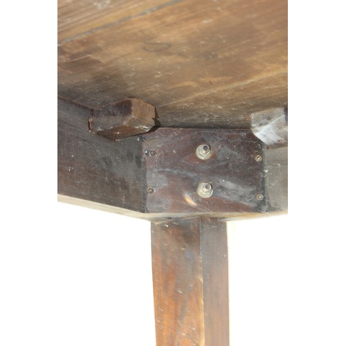 100 - A large antique plank topped farmhouse table with scrub top and painted base, believed to be Elm, 20... 