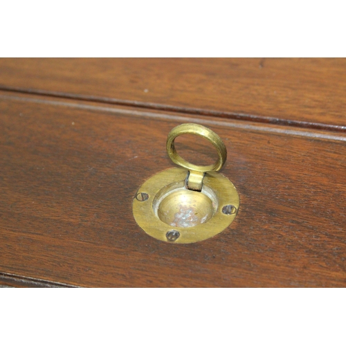 26 - A campaign style mahogany and brass drop leaf low table with brass corners and unusual central compa... 