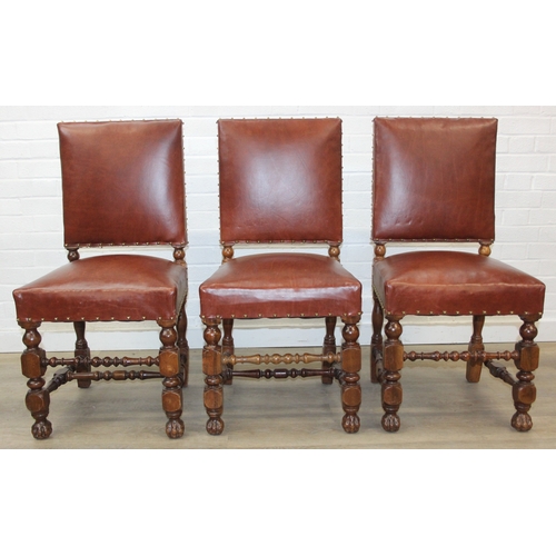 56 - A trio of Carolean style high backed chairs with brown leather seats and backs and studded details, ... 