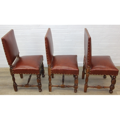 56 - A trio of Carolean style high backed chairs with brown leather seats and backs and studded details, ... 