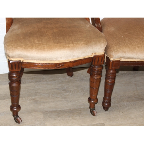 58 - A set of Four matched salon chairs with carved and curved backs and gold coloured upholstery, each 8... 