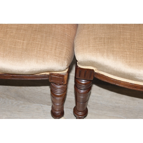 58 - A set of Four matched salon chairs with carved and curved backs and gold coloured upholstery, each 8... 