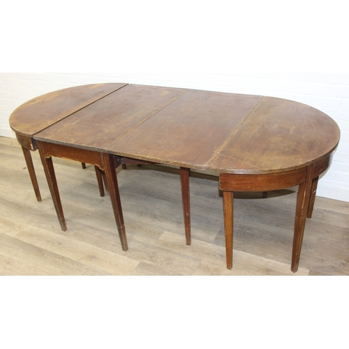 154 - An antique mahogany D-end dining table with two demi-lune tables and one drop leaf table, 19th centu... 