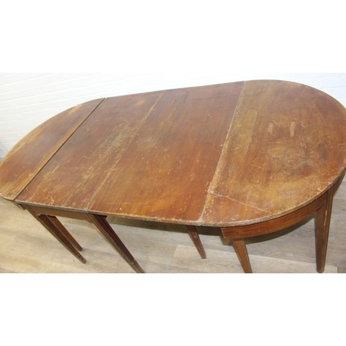 154 - An antique mahogany D-end dining table with two demi-lune tables and one drop leaf table, 19th centu... 