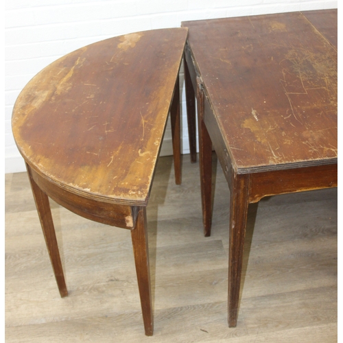 154 - An antique mahogany D-end dining table with two demi-lune tables and one drop leaf table, 19th centu... 