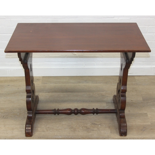 168 - An antique mahogany hall table with fancy legs and turned stretcher, 91cm x 51cm x 71cm