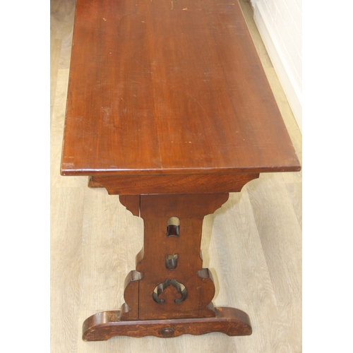 168 - An antique mahogany hall table with fancy legs and turned stretcher, 91cm x 51cm x 71cm
