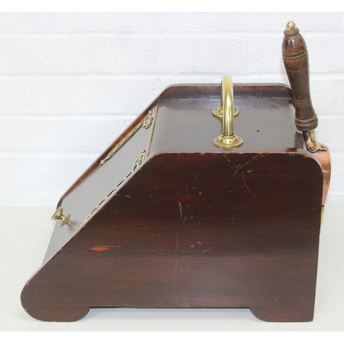 209 - An antique mahogany coal scuttle with polished brass fittings and shovel, 30cm wide x 44cm deep