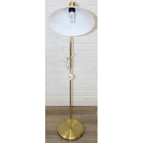 322 - A vintage brass swan neck floor standard lamp with white glass shade, 140cm tall