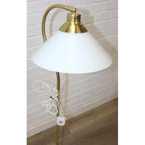 322 - A vintage brass swan neck floor standard lamp with white glass shade, 140cm tall