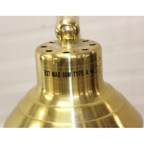 322 - A vintage brass swan neck floor standard lamp with white glass shade, 140cm tall