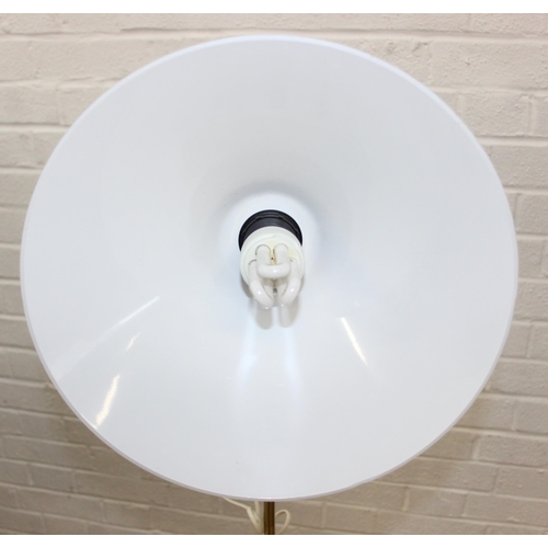 322 - A vintage brass swan neck floor standard lamp with white glass shade, 140cm tall