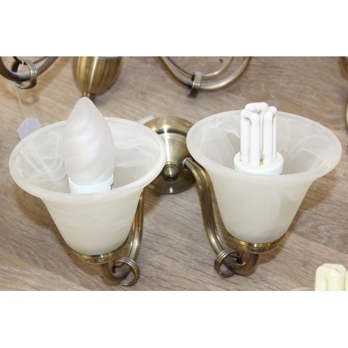 325 - A qty of matching light fittings, all with brushed copper effect bodies and marble effect glass shad... 