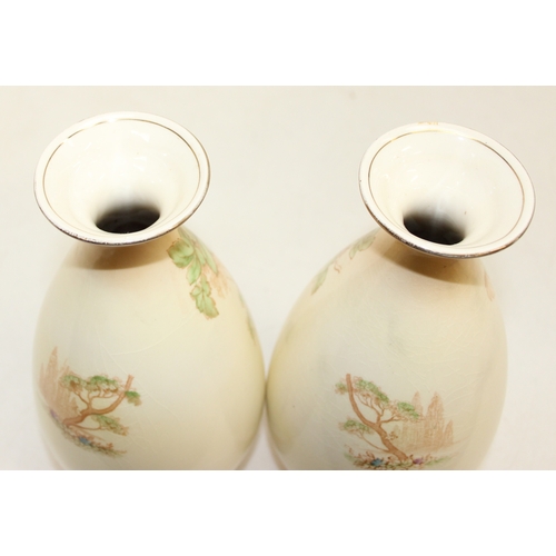 1580 - A pair of Crown Ducal vases decorated with Peacocks, each 25cm tall