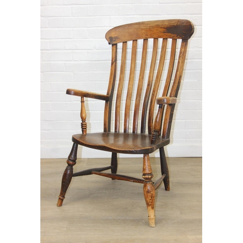 169 - Antique slat back farmhouse Windsor armchair with elm seat, 62cm wide x 101cm tall