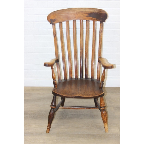 169 - Antique slat back farmhouse Windsor armchair with elm seat, 62cm wide x 101cm tall