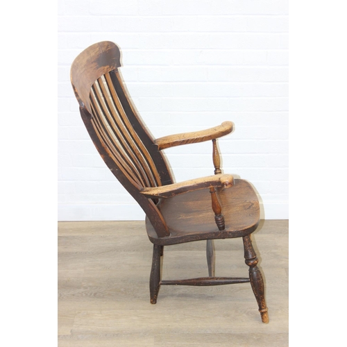 169 - Antique slat back farmhouse Windsor armchair with elm seat, 62cm wide x 101cm tall