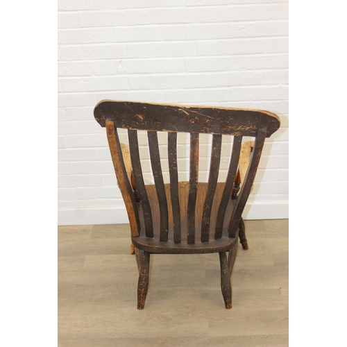 169 - Antique slat back farmhouse Windsor armchair with elm seat, 62cm wide x 101cm tall