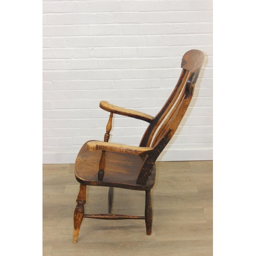 169 - Antique slat back farmhouse Windsor armchair with elm seat, 62cm wide x 101cm tall
