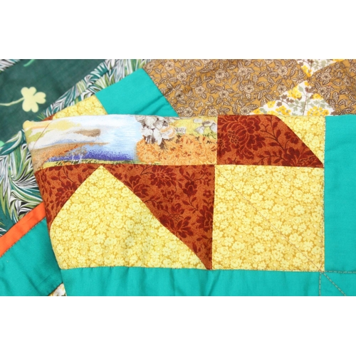 249 - Patchwork Quilts - a modern handmade patchwork quilt or blanket, mainly green and brown colours with... 