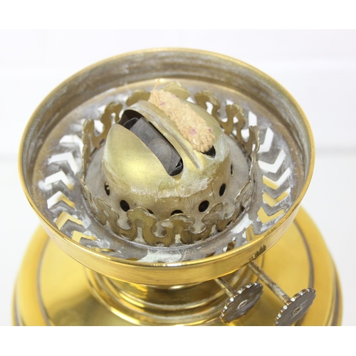 276 - Two brass and glass lamps, one an oil lamp and the other a gas lamp, one with chimney but both with ... 