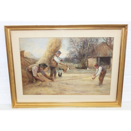 360 - John Pedder R.I. (British, 1850-1929)watercolour depicting farmers twisting and moving hay or straw... 