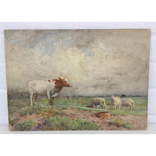 375 - John Pedder R.I. (British, 1850-1929)
watercolour on paper mounted on board depicting sheep and cows... 
