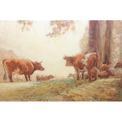 375B - John Pedder R.I. (British, 1850-1929)
watercolour on paper mounted on board depicting cows grazing i... 