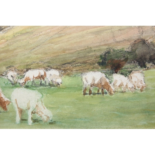 375D - John Pedder R.I. (British, 1850-1929)
watercolour on paper mounted on board depicting cows grazing o... 