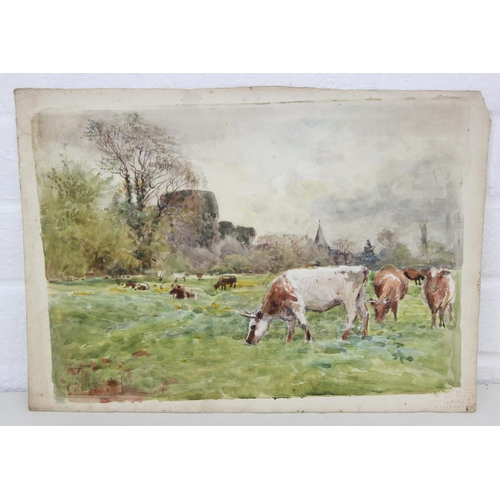 375G - John Pedder R.I. (British, 1850-1929)
watercolour on paper depicting cows grazing by a church, 
unsi... 