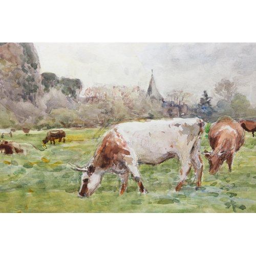 375G - John Pedder R.I. (British, 1850-1929)
watercolour on paper depicting cows grazing by a church, 
unsi... 