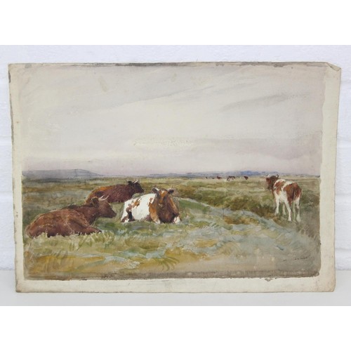375H - John Pedder R.I. (British, 1850-1929)
watercolour on paper depicting cows grazing on a moorland, 
un... 