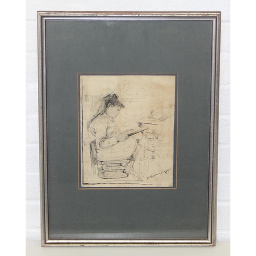 431 - William Verplanck Birney (American, 1858-1909), ink sketch of a young girl studying, signed lower ri... 