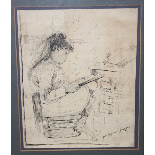 431 - William Verplanck Birney (American, 1858-1909), ink sketch of a young girl studying, signed lower ri... 