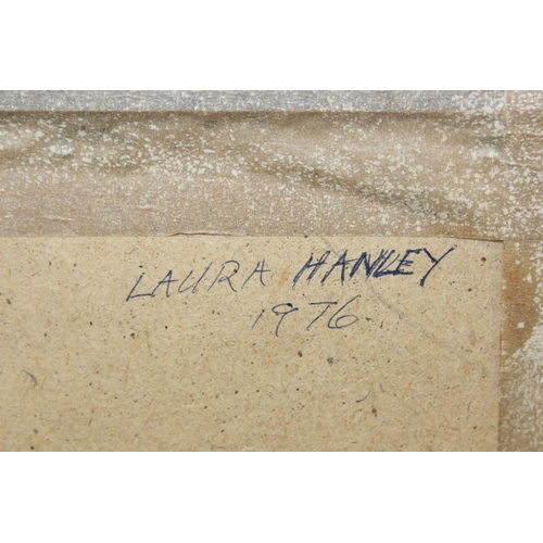 433 - Laura Hanley (20th Century), ink and pastel sketch of a nude pregnant female, initialled LH 76 lower... 