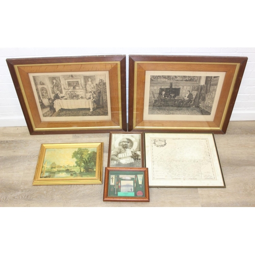 438 - Six assorted pictures and prints to inc two large ribbed framed prints after W. Dendy-Sadler, an ant... 