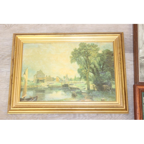 438 - Six assorted pictures and prints to inc two large ribbed framed prints after W. Dendy-Sadler, an ant... 