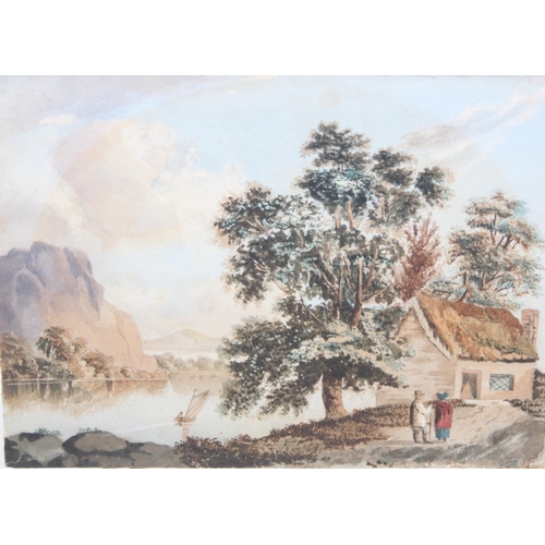 453A - An antique watercolour depicting a cottage by a lake with figures and a boat, unsigned but likely 19... 