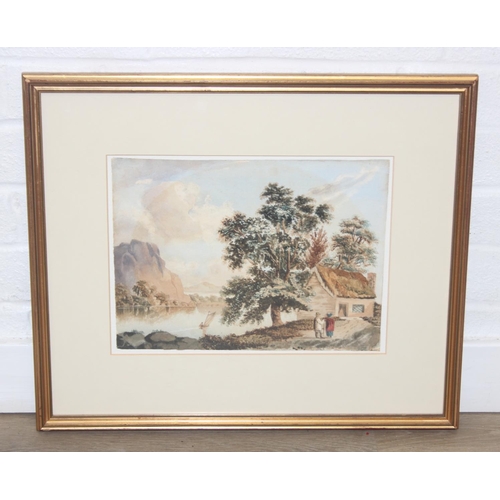 453A - An antique watercolour depicting a cottage by a lake with figures and a boat, unsigned but likely 19... 