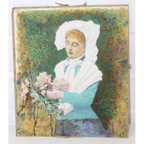 453B - Fred Shaw (British 1848-1923), small unframed watercolour depicting a Victorian female tending to a ... 