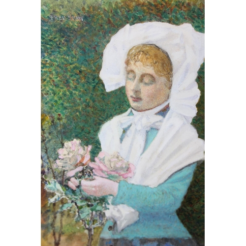 453B - Fred Shaw (British 1848-1923), small unframed watercolour depicting a Victorian female tending to a ... 