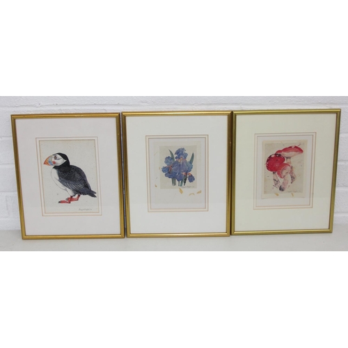 455 - Maggie Riegler (Scottish, 1944-2018), three assorted prints on petal and tea paper to inc a Puffin, ... 