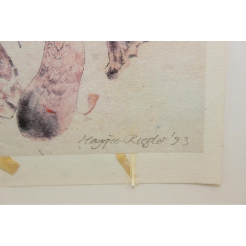 455 - Maggie Riegler (Scottish, 1944-2018), three assorted prints on petal and tea paper to inc a Puffin, ... 