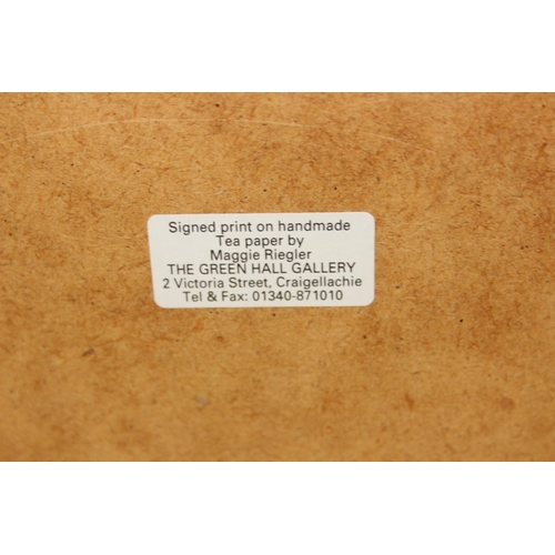 455 - Maggie Riegler (Scottish, 1944-2018), three assorted prints on petal and tea paper to inc a Puffin, ... 