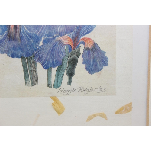 455 - Maggie Riegler (Scottish, 1944-2018), three assorted prints on petal and tea paper to inc a Puffin, ... 